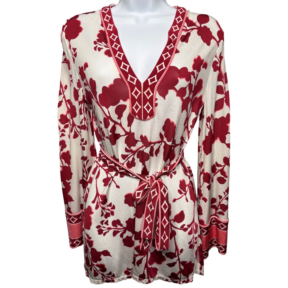 BCBGMAXAZRIA Womens Red Cream‎ Floral Tunic Mini Dress XXS Tie Waist Boho-Chic